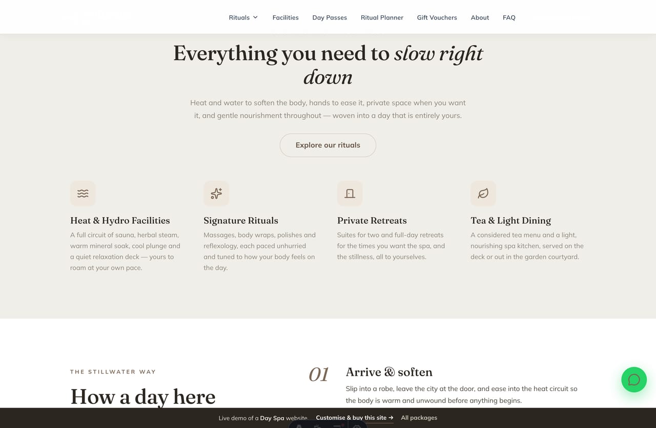 Signature-ritual feature band on the Stillwater homepage — the flagship Signature Journey shown with its benefits and a from-price