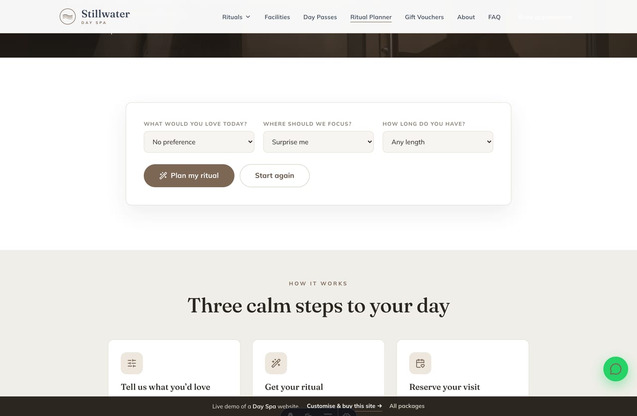 The interactive Spa Ritual Planner tool on the Stillwater demo — pick an intention, a focus and a length for a matched ritual or day-pass