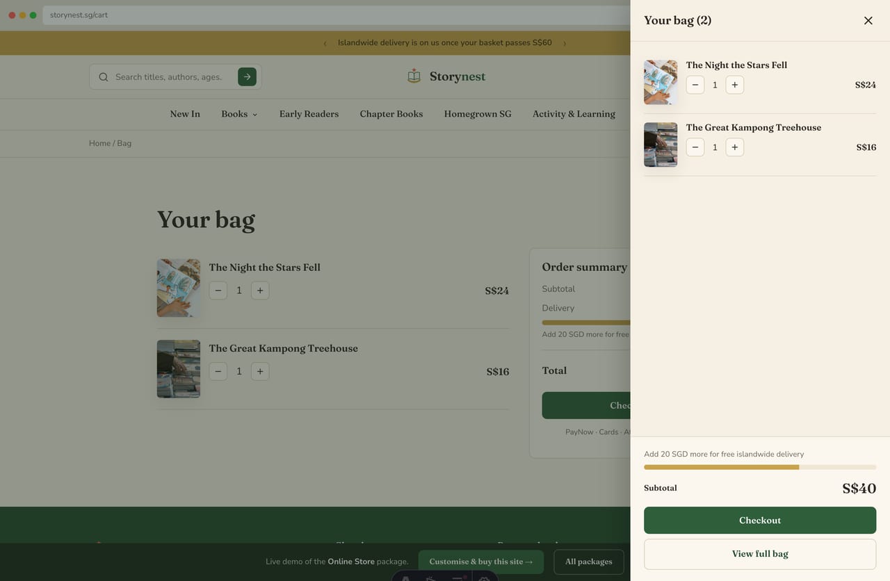 Slide-out bag drawer with a free-islandwide-delivery progress bar on the Storynest kids' bookshop