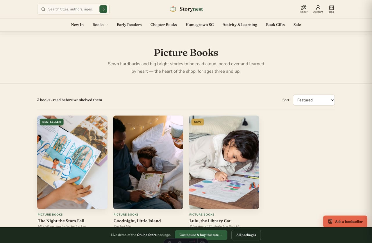 Picture Books collection page on the Singapore kids' bookshop demo with breadcrumb and centered banner