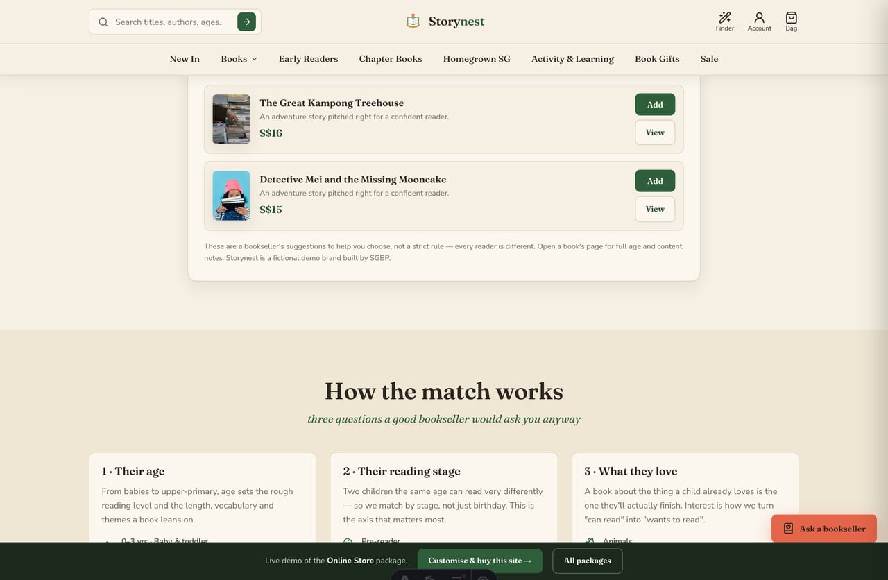Book Match Finder live results matching children's books by age, reading stage and interest with why-it-fits notes