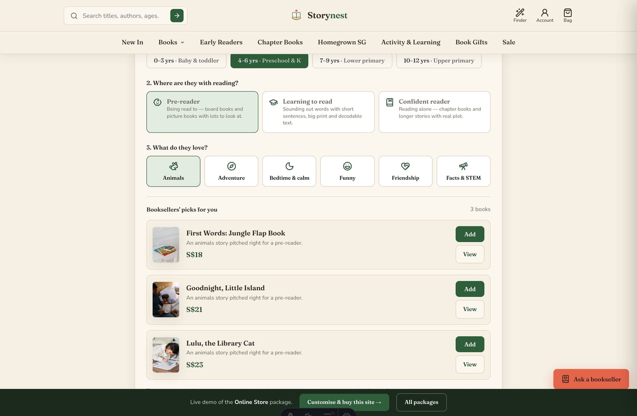 Book Match Finder tool on the Storynest shop — pick age, reading stage and interest