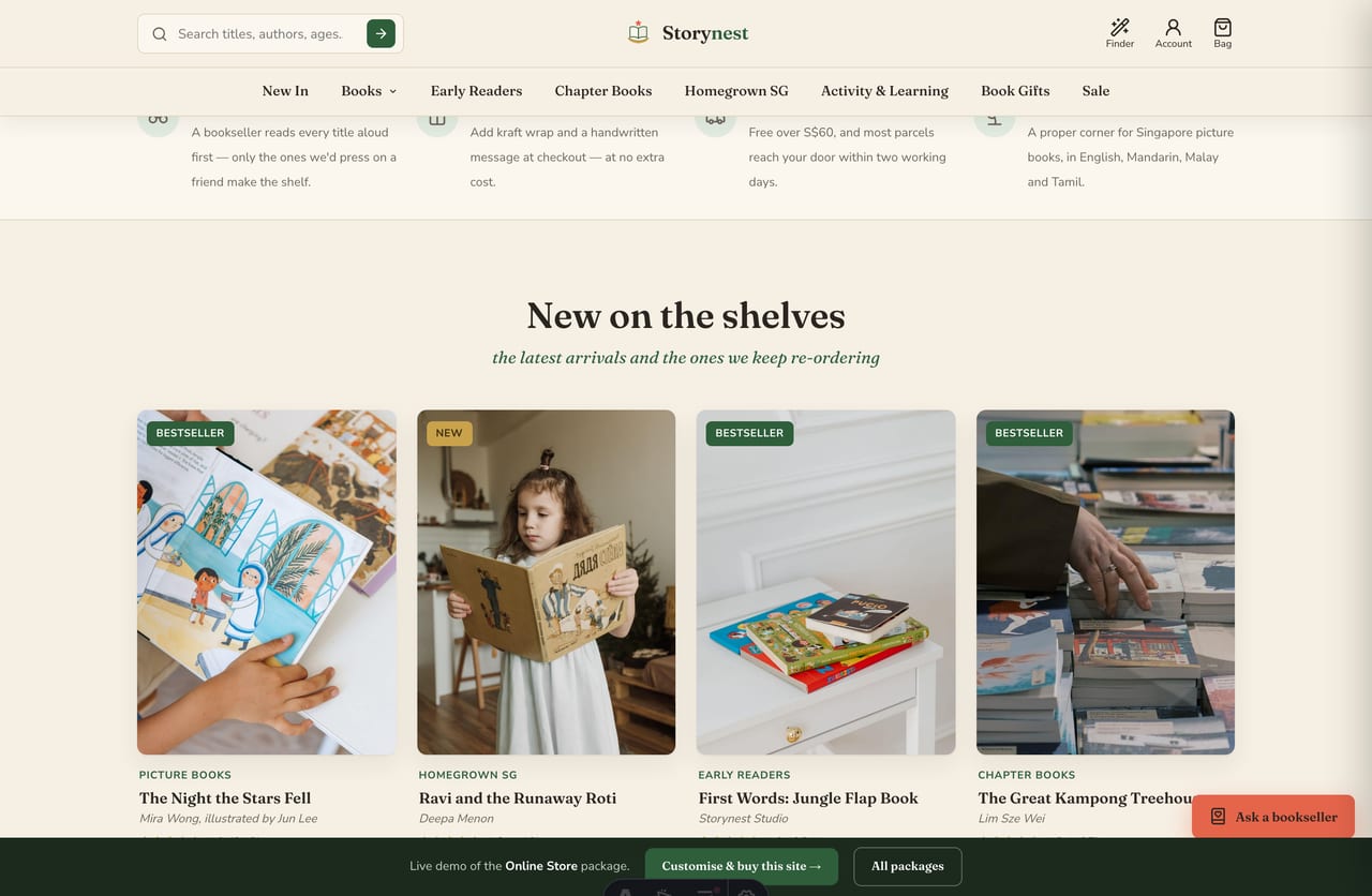 New-arrivals book-cover grid on the Storynest children's bookshop with sale badges and add-to-bag
