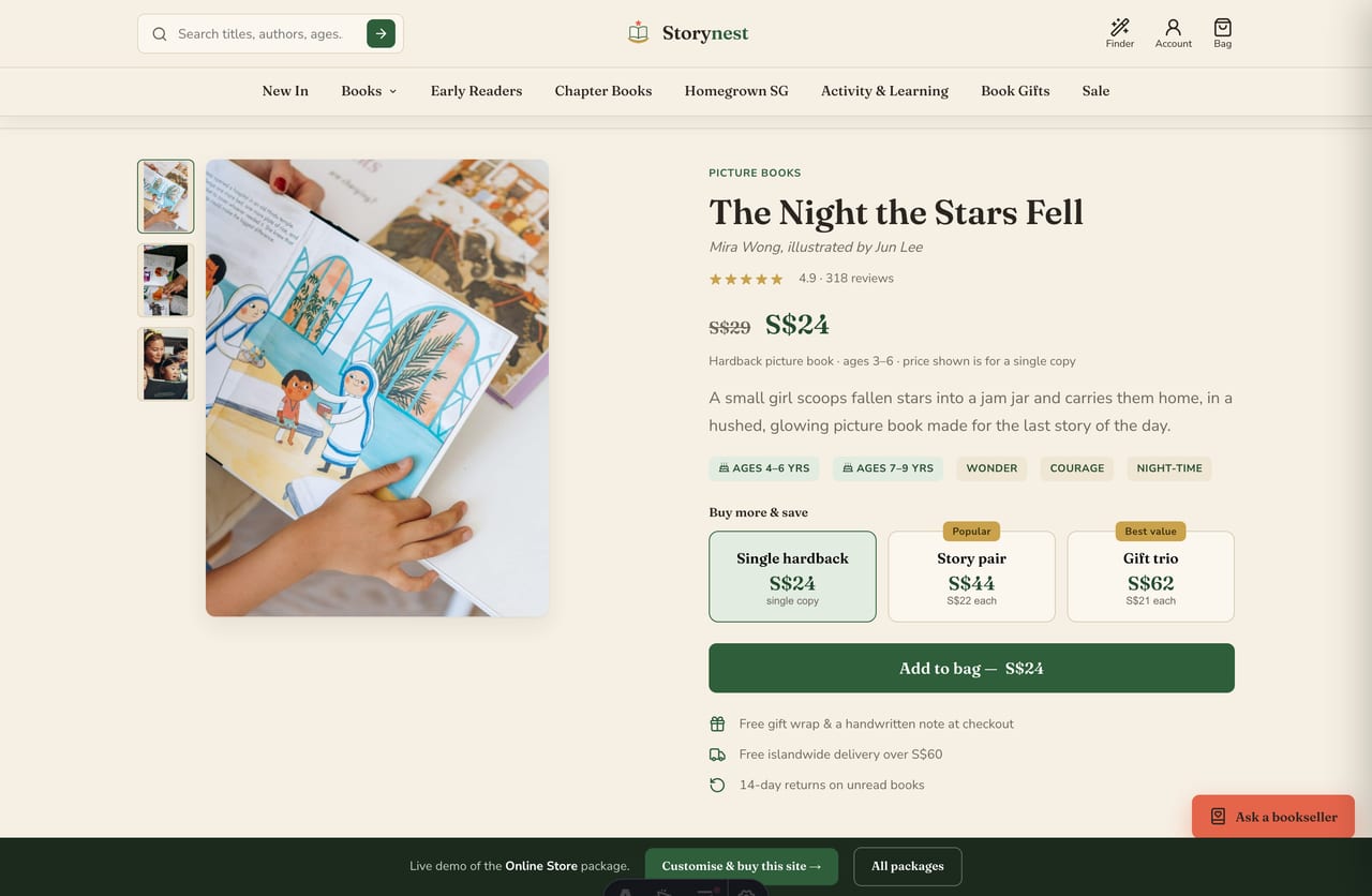 Children's book product page with cover gallery, copies/gift tiers, age & theme badges and add-to-bag