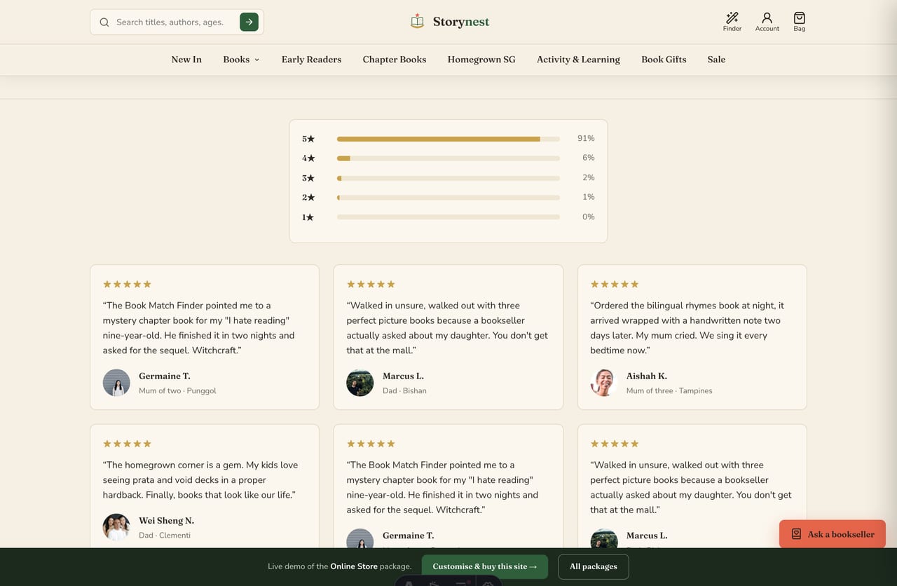 Singapore parent reviews and star ratings on the Storynest children's bookshop website