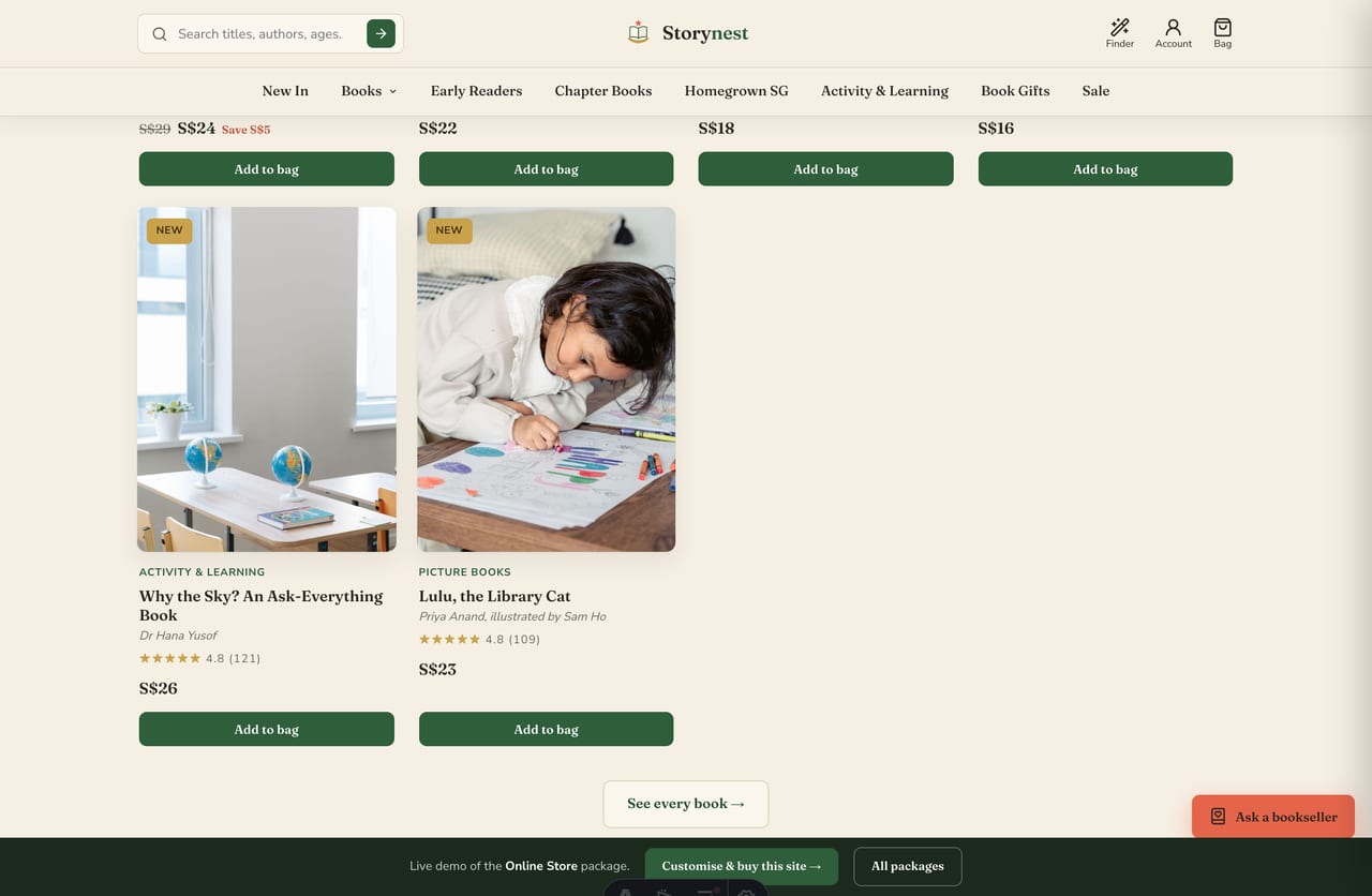 Shop-by-shelf category tiles for a Singapore kids' bookshop — picture books, early readers, chapter books, homegrown SG, activity and gifts
