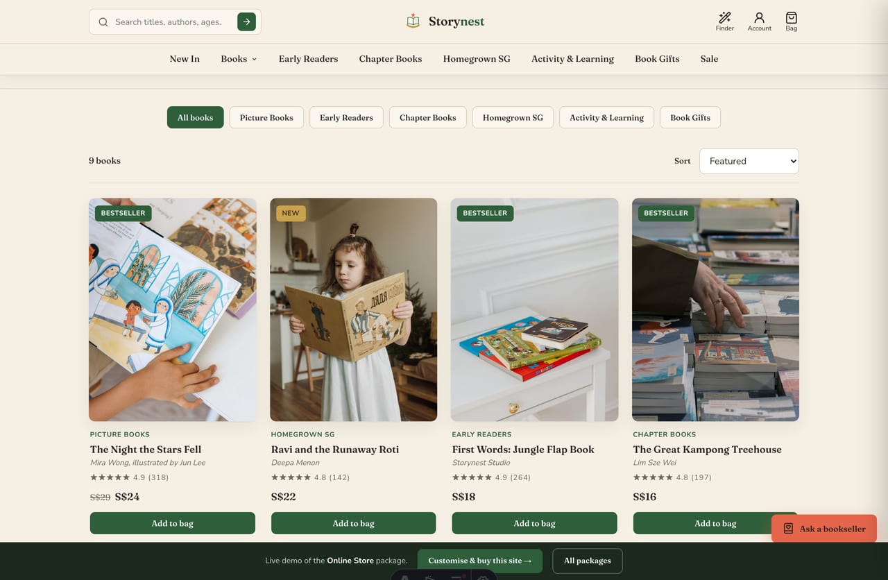 Shop-all page with a filterable children's book grid, shelf chips, sort and SGD pricing