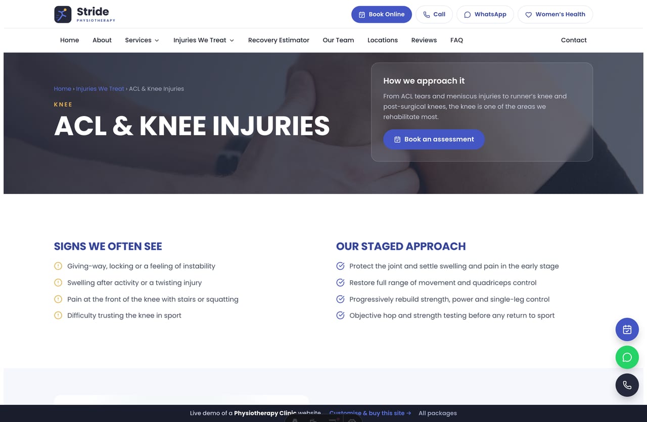 A condition detail page on the Stride demo — signs we see, our staged approach, the linked service and a recovery-estimate CTA