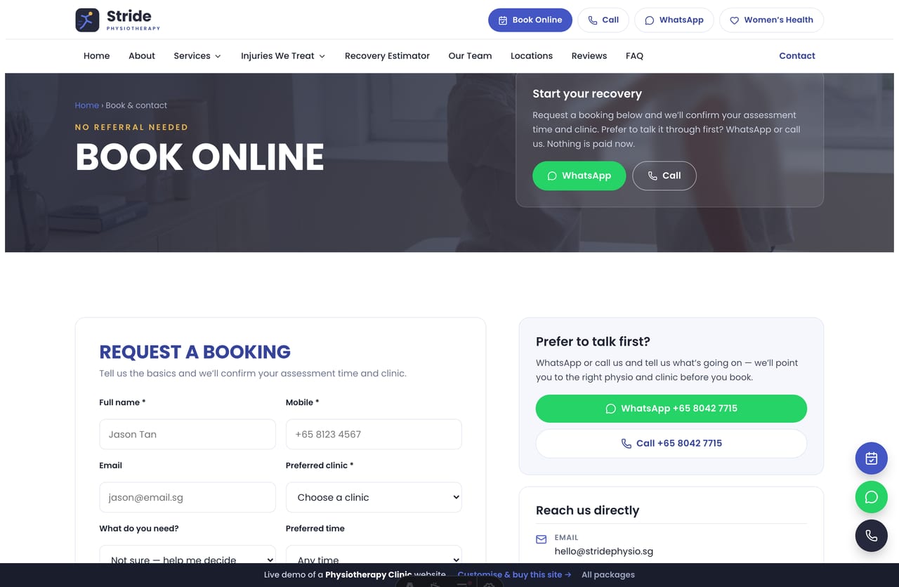 Book & contact page on the Stride demo — a PDPA-aware booking form with service, clinic and time selection, no cart