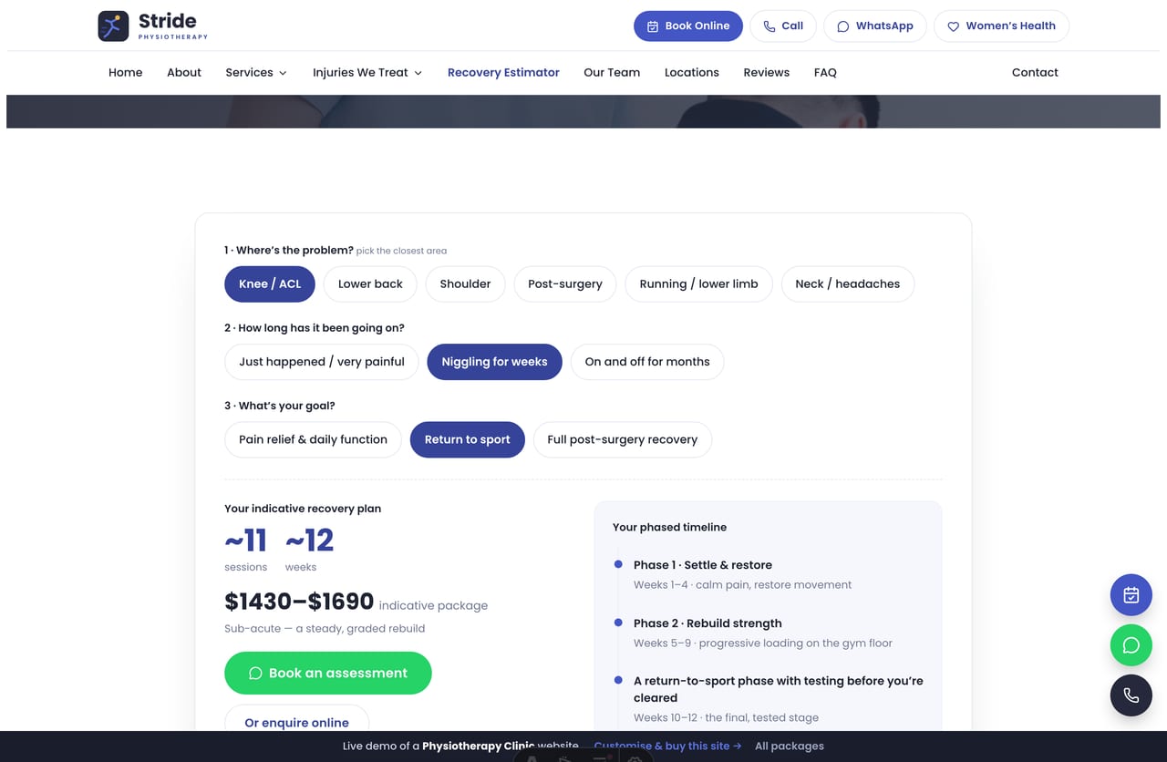 Recovery Plan Estimator result on a Singapore physio site — a live session count, weeks, indicative price and a phased timeline with a book-assessment CTA