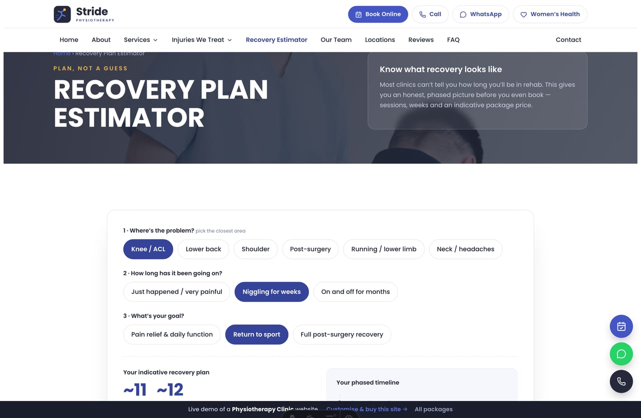 The interactive Recovery Plan Estimator on the Stride demo — pick an injury area, stage and goal for a live phased recovery plan