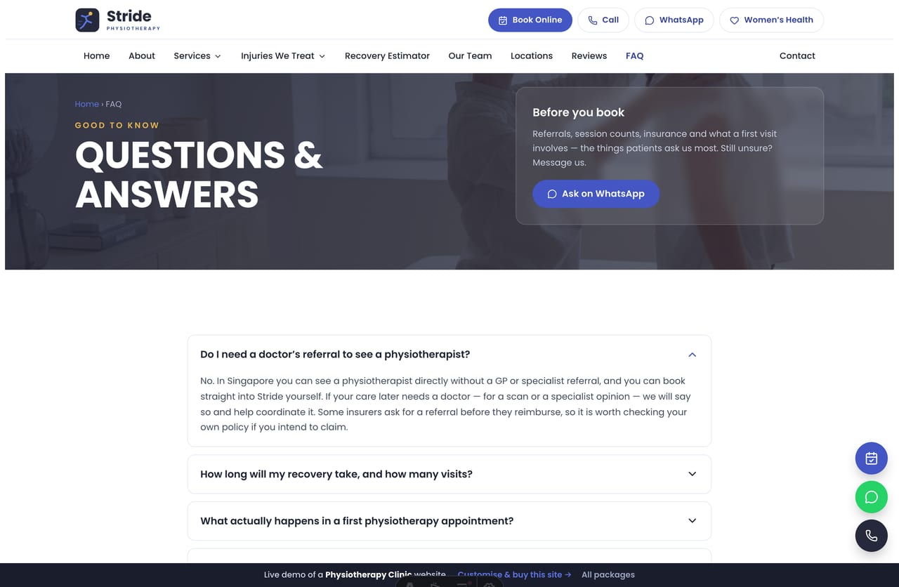 FAQ page on the Stride demo — an accordion answering referrals, session counts, insurance and first-visit questions