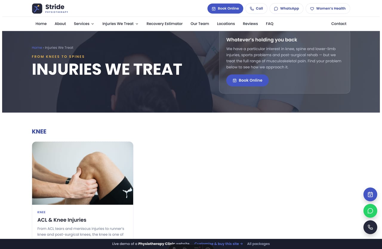 Injuries we treat listing page on the Stride demo — knee, spine, shoulder and lower-limb condition cards grouped by body area