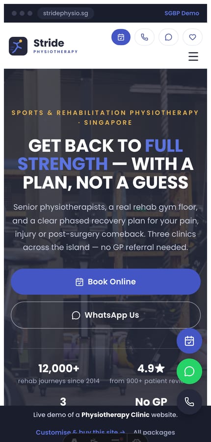 The Stride physiotherapy-clinic website on mobile — dark photo hero and a floating book / WhatsApp / call cluster at 430px