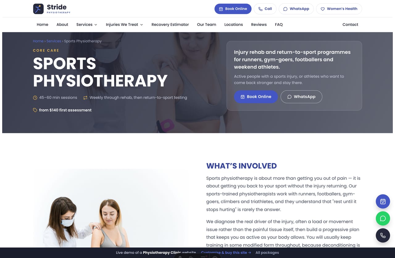 A physiotherapy service detail page on the Stride demo — dark photo banner, what’s involved, what it includes, why-choose-us and a book-online CTA