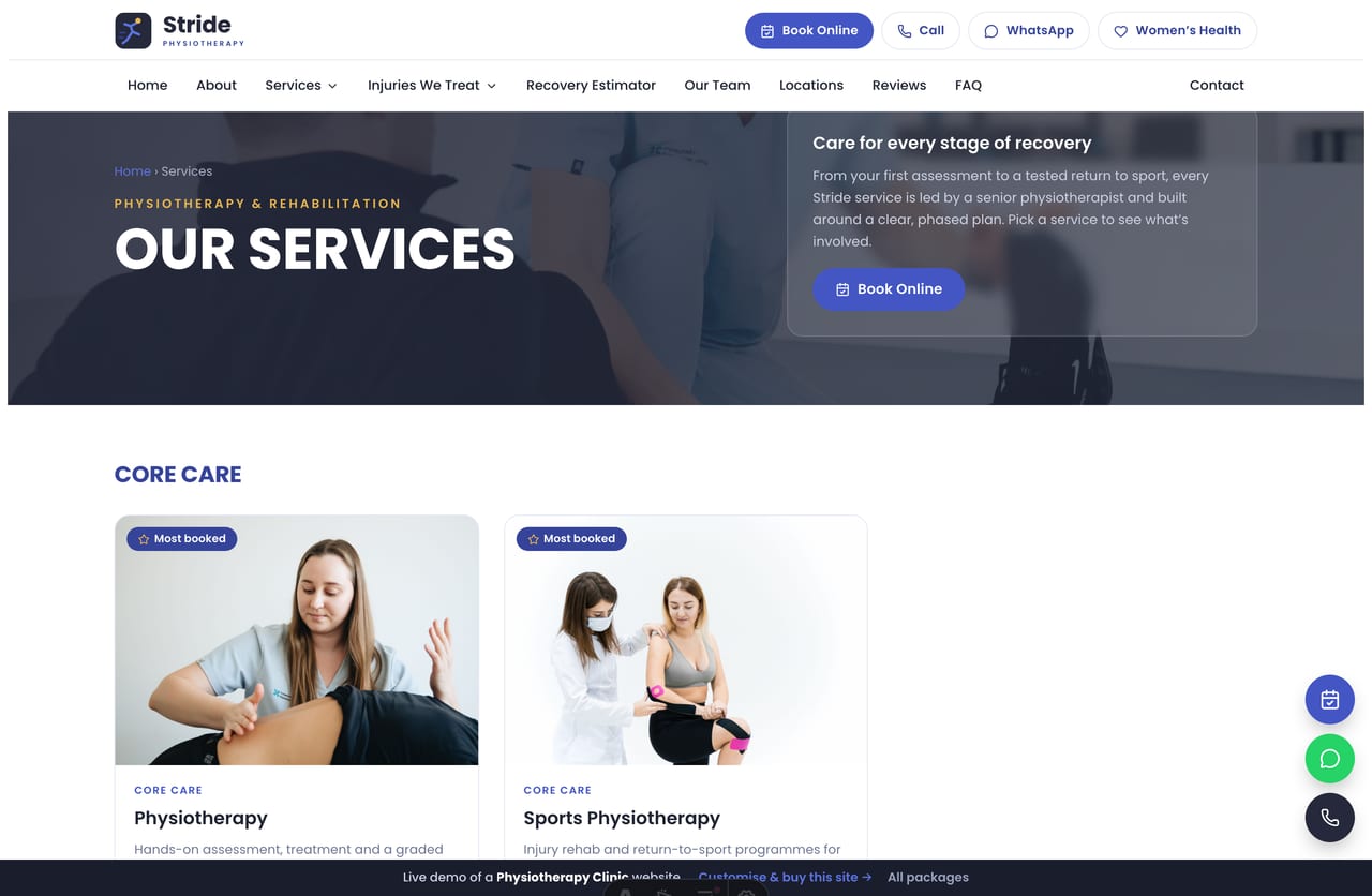 Physiotherapy services menu page on the Stride demo — physiotherapy, sports physio, post-op rehab, massage, clinical pilates and women’s health grouped by category