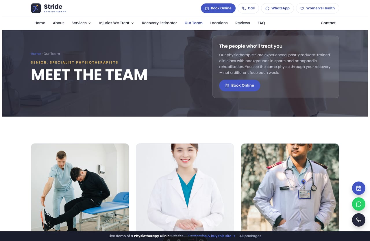 Our team page on the Stride demo — a grid of senior physiotherapist portrait cards with their clinic and specialty