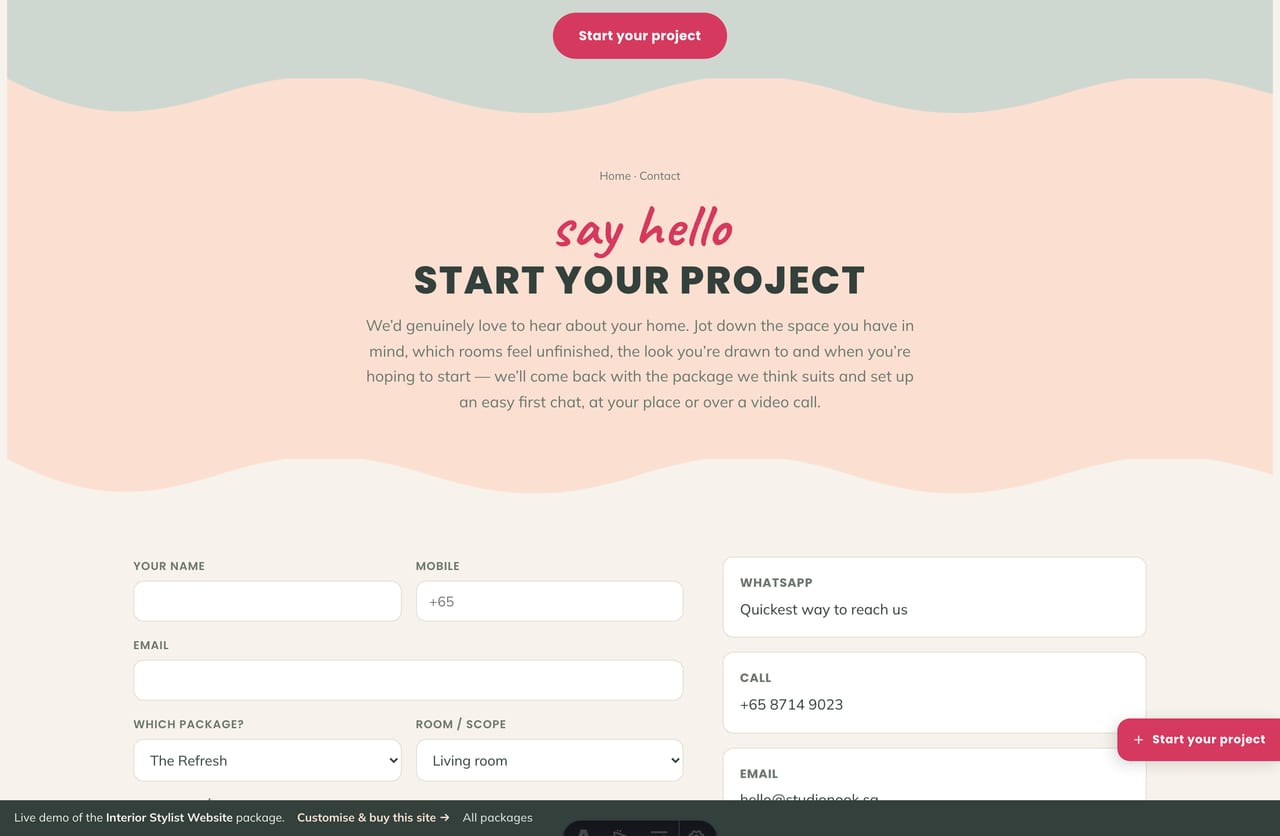 Contact and enquiry form page with PDPA consent on an interior stylist website