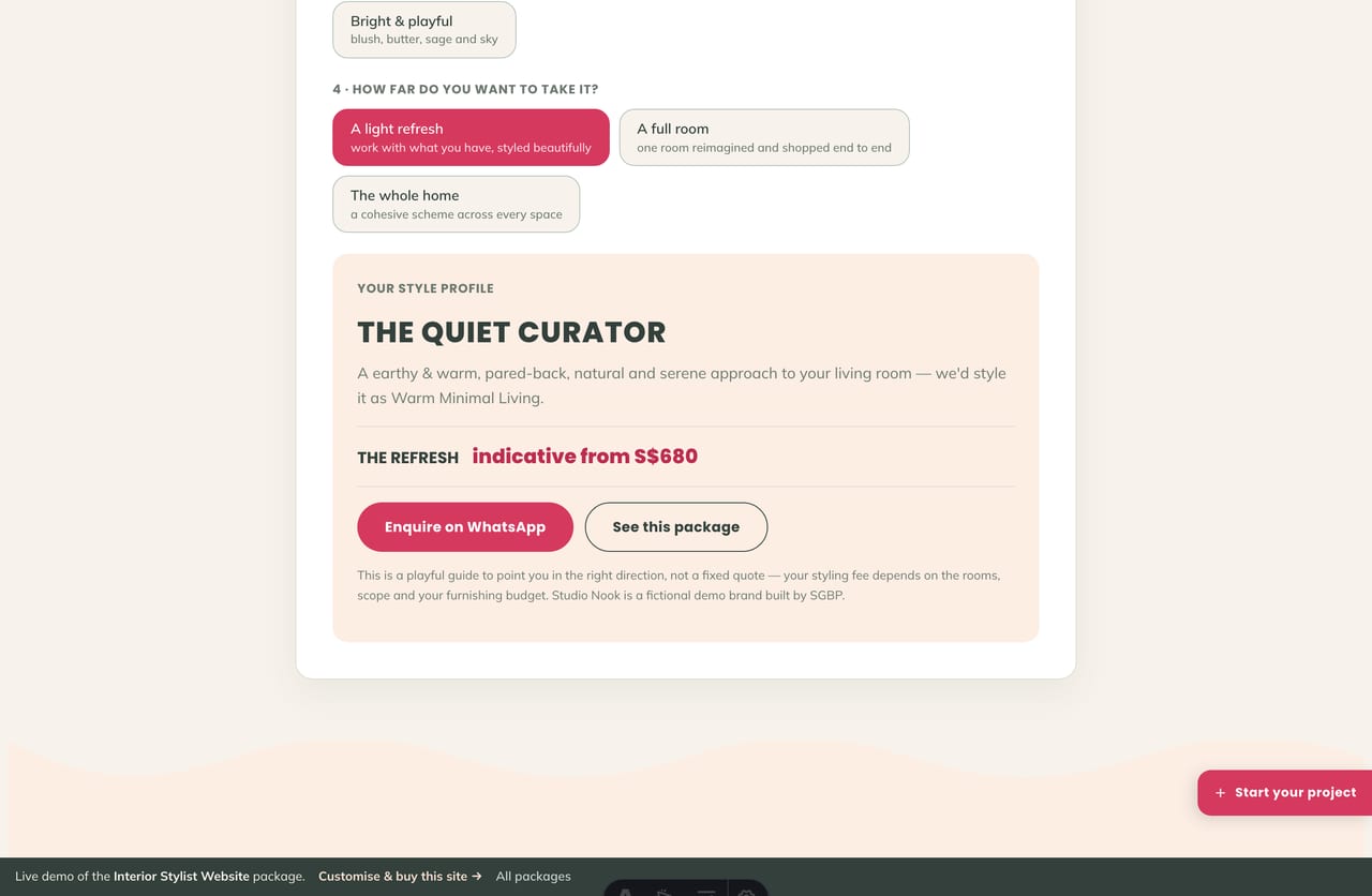 Style Profile Finder result revealing an interior style archetype and matched package