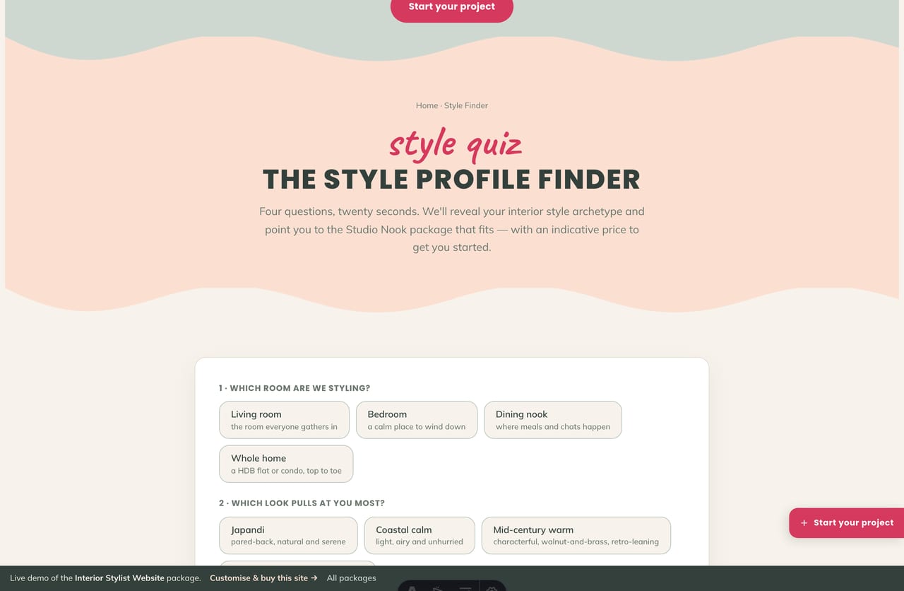 Style Profile Finder quiz on a Singapore interior stylist website