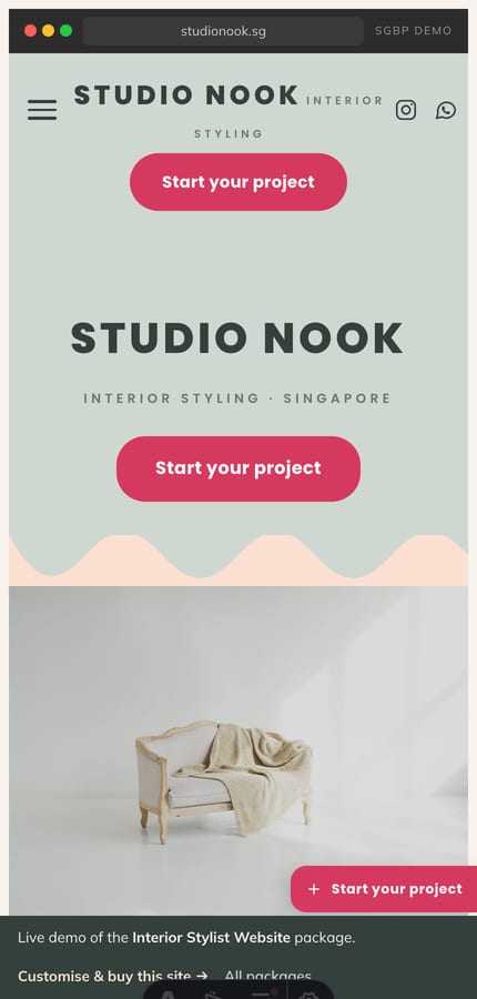 Mobile view of the Studio Nook interior stylist website with the wave hero