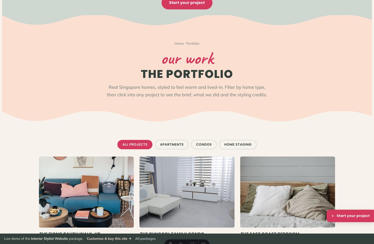 Filterable styled-home portfolio grid on a Singapore interior stylist website