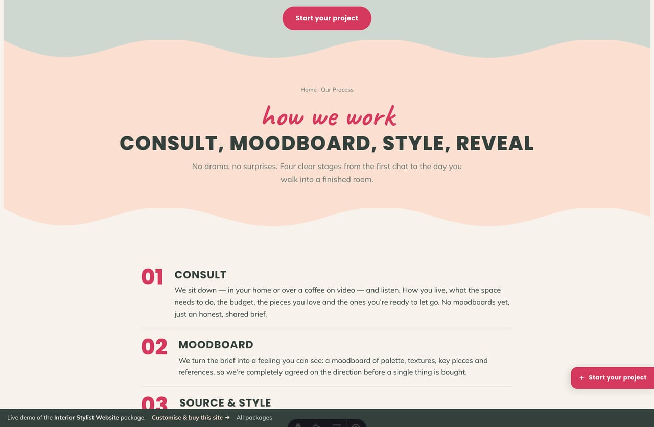 Process page showing consult, moodboard, style and reveal on an interior stylist site