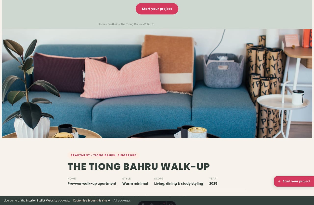 Single styled-room project case study with brief, what-we-did and gallery on an interior stylist site