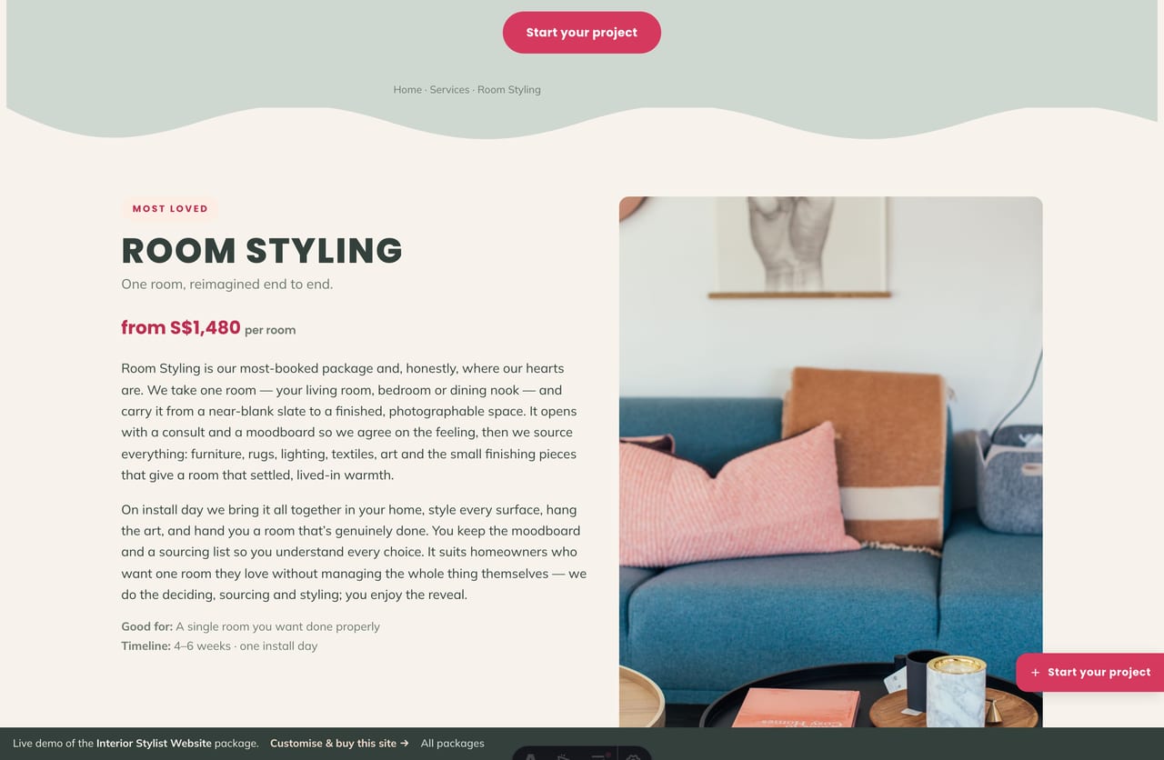 Room Styling package detail page with inclusions on an interior stylist website