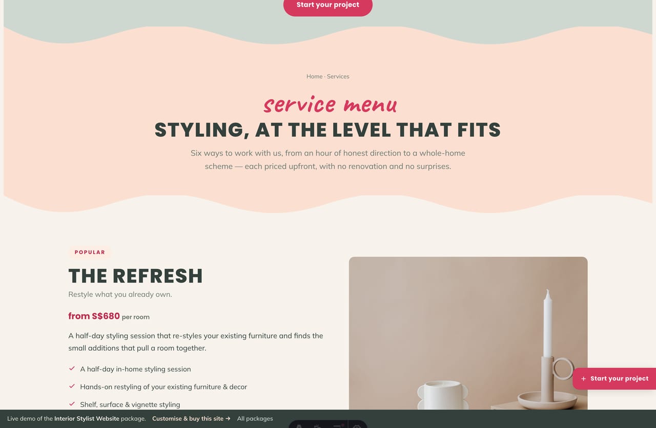 Interior styling service menu with packages and from-prices on a Singapore stylist website