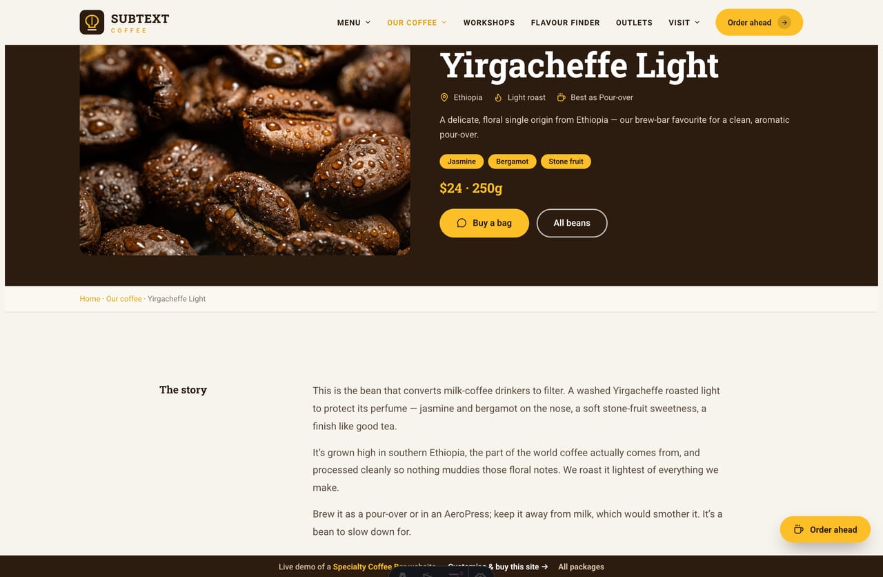 A bean detail page on the Subtext demo — origin, process, brew tips and a bag-to-cup roadmap