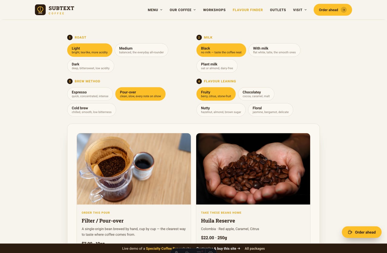 Flavour Profile Finder result on a Singapore coffee-bar site — a matched pour and a matched bag of beans with tasting notes and prices