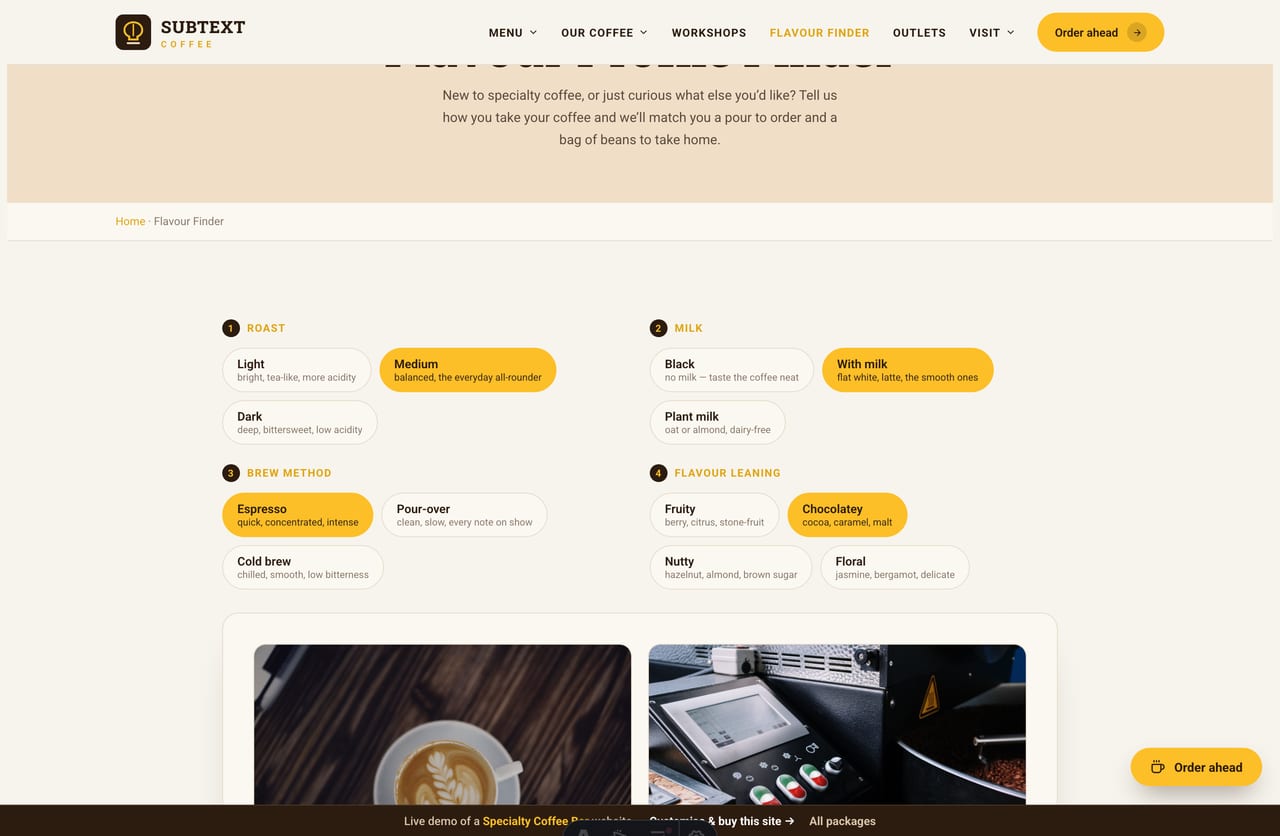 The interactive Flavour Profile Finder on the Subtext demo — pick roast, milk, brew method and flavour to match a drink and a bean