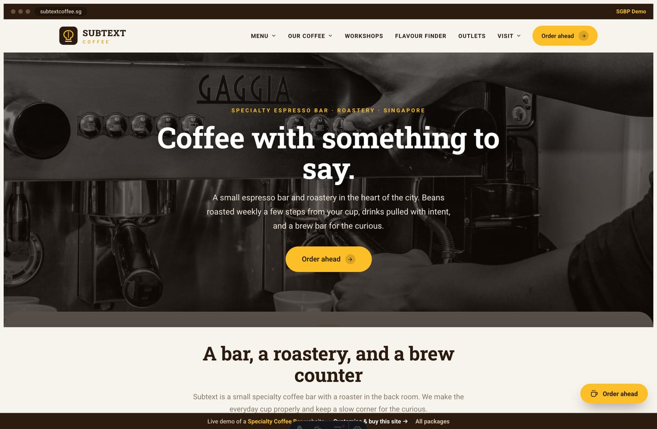 Subtext specialty coffee bar Singapore website homepage demo — a warm cream and amber site with a full-bleed espresso hero, menu cards and a flavour finder