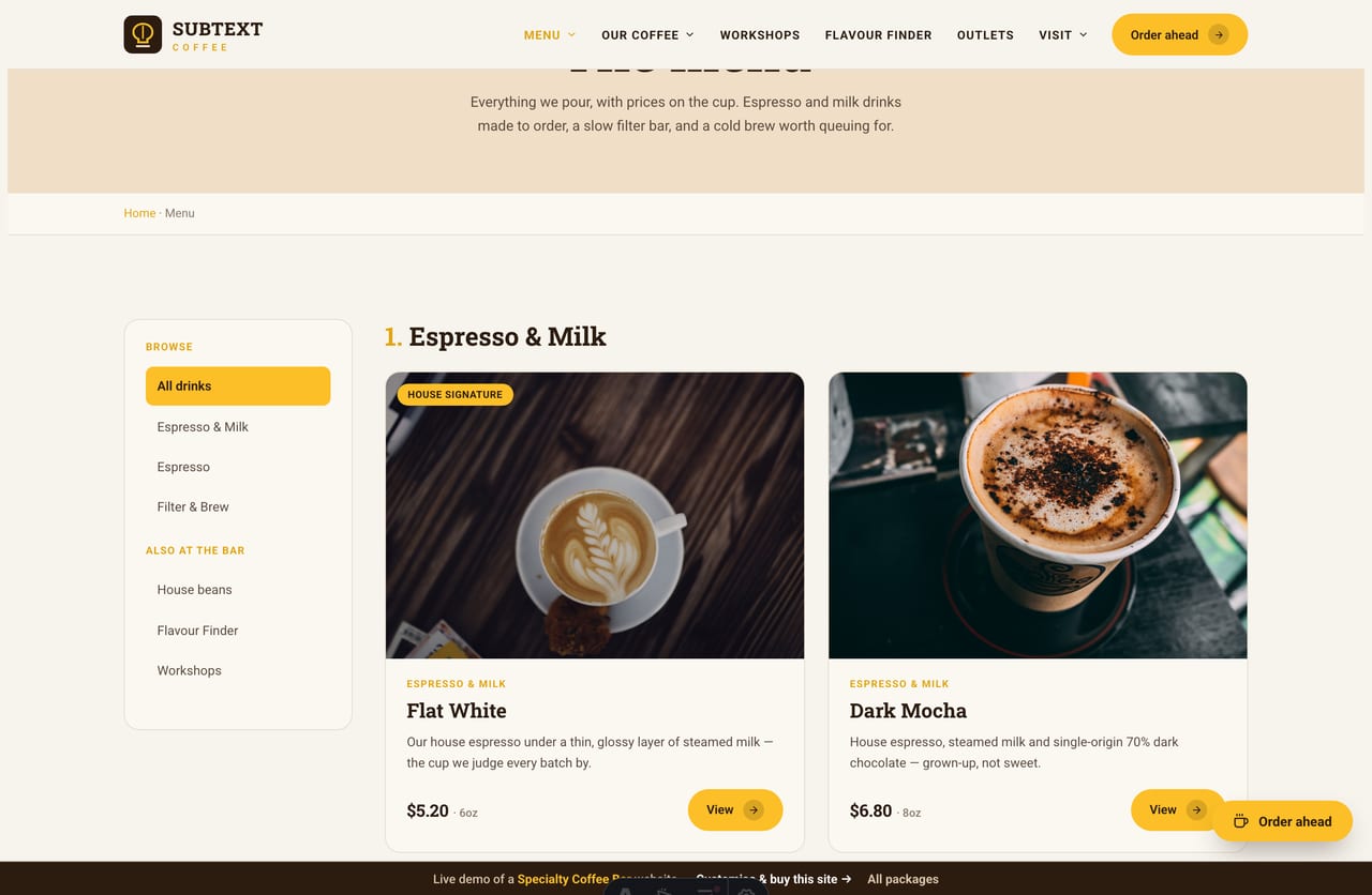 Menu page on the Subtext demo — espresso, filter and cold-brew drinks grouped by category with prices, in a filter-sidebar listing