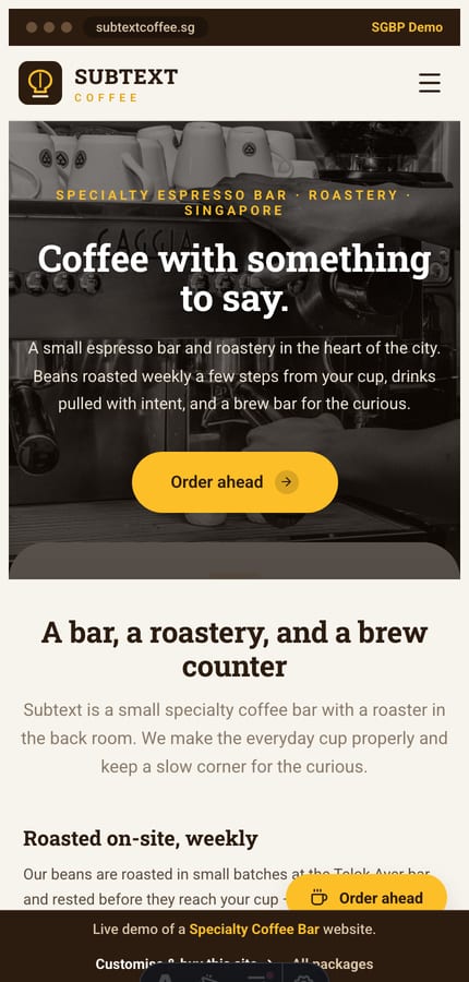 The Subtext coffee-bar website on mobile — the full-bleed hero and order-ahead CTA at 430px