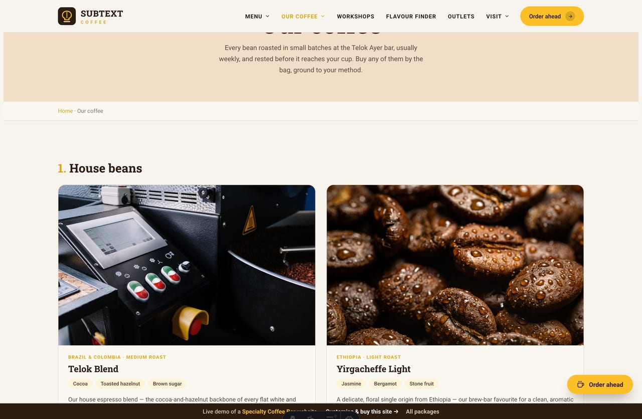 Our Coffee page on the Subtext demo — house-roasted single-origin beans as cards with tasting-note chips and prices