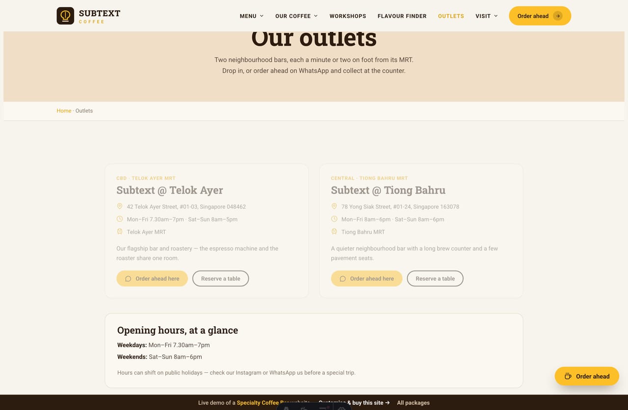 Outlets page on the Subtext demo — two Singapore bars with addresses, hours and MRT, each with order-ahead and reserve CTAs