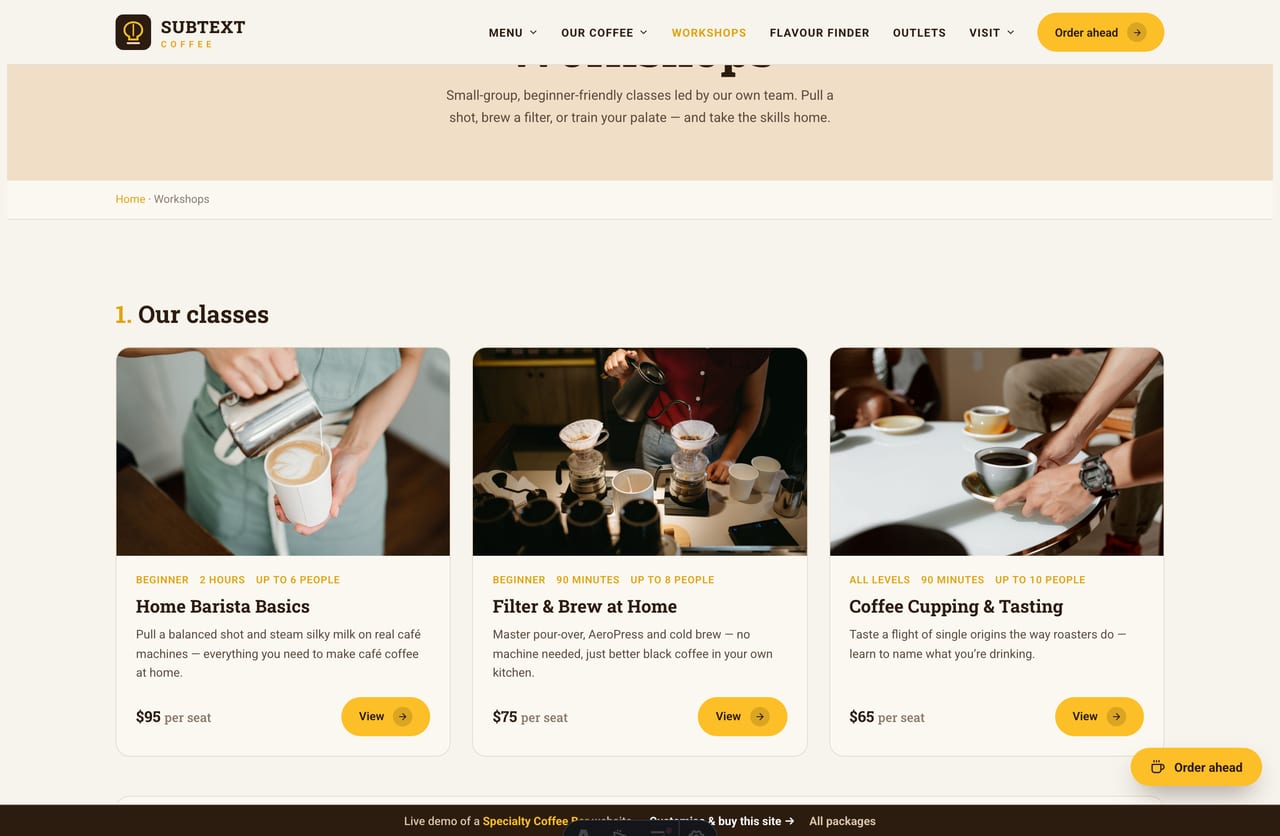 Workshops page on the Subtext demo — bookable home-barista, brew and cupping classes as cards with level, duration and price