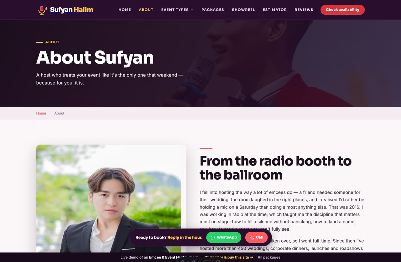 About page on the Sufyan Halim emcee website with story, stats and coverage