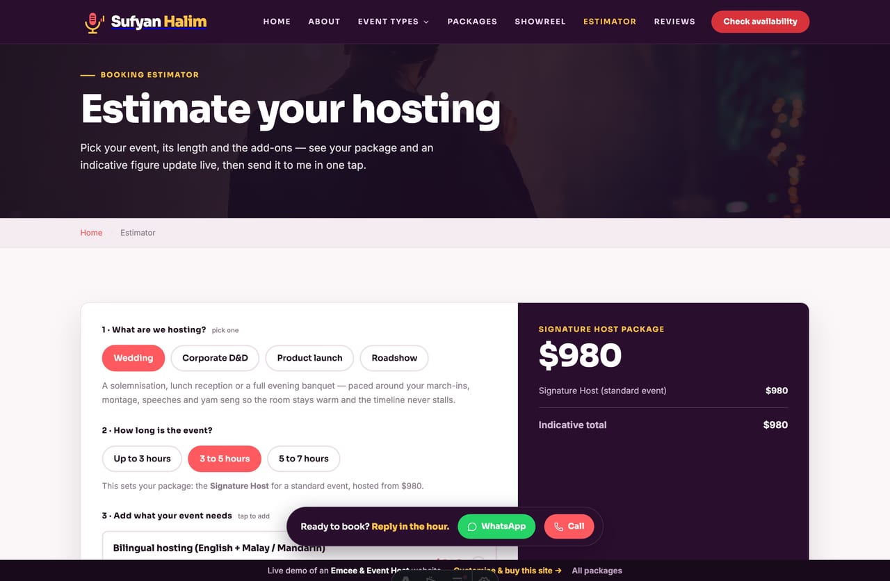 Interactive emcee booking estimator on a Singapore event-host website