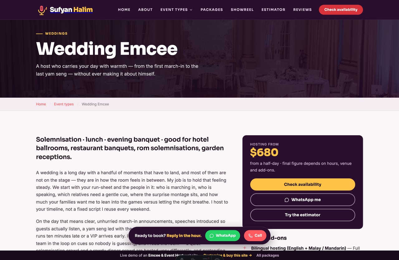 Single event-type detail page on an emcee website with a sticky from-price aside