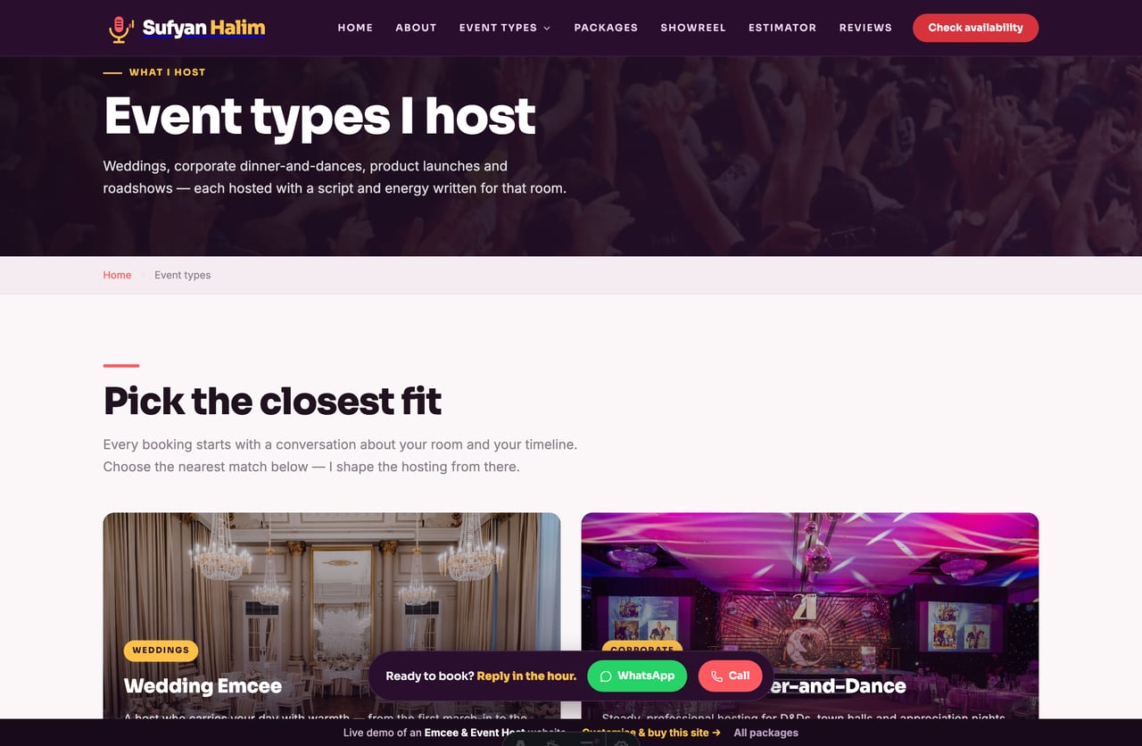 Event-types page on a Singapore emcee website listing wedding, corporate, launch and roadshow hosting