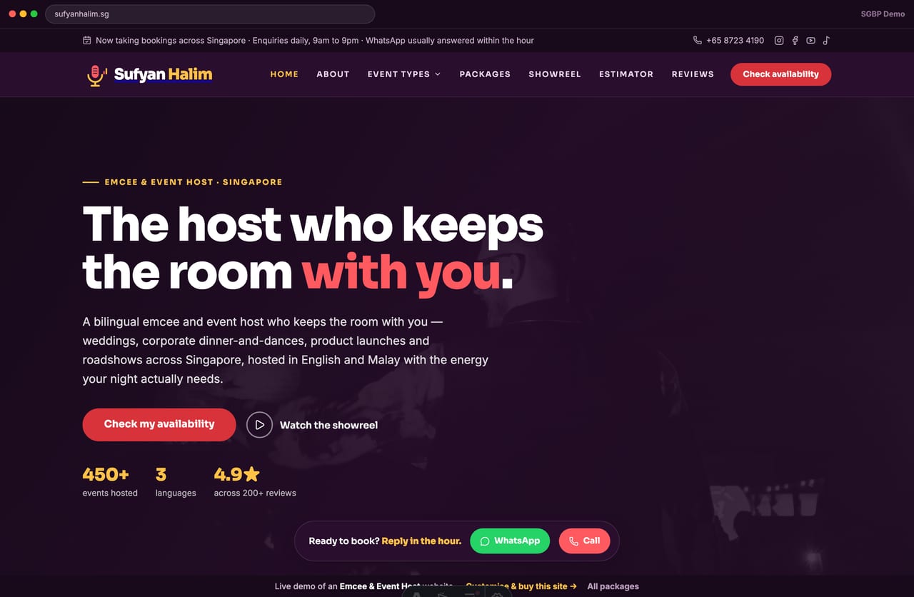 Sufyan Halim emcee & event host website homepage demo — dark-theatre hero and event-type cards (Singapore)