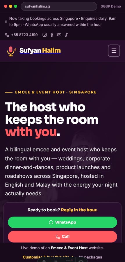 Mobile view of the Sufyan Halim emcee website with a sticky contact bar