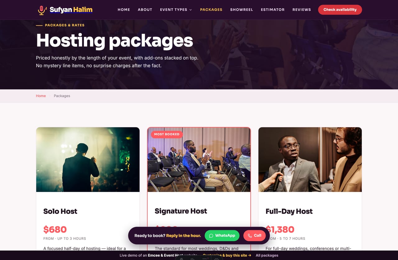 Hosting packages and rates page on a Singapore emcee & event host website