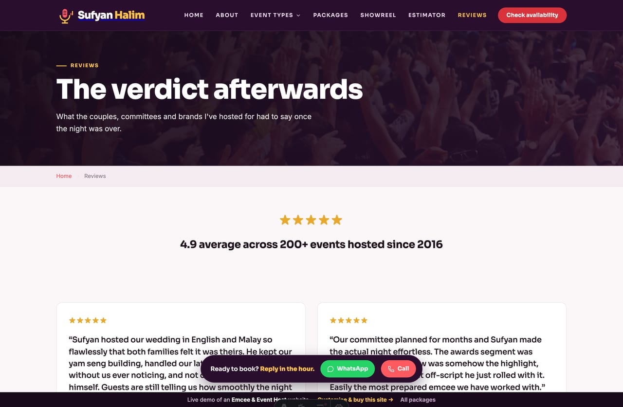 Reviews page on a Singapore emcee and event host website