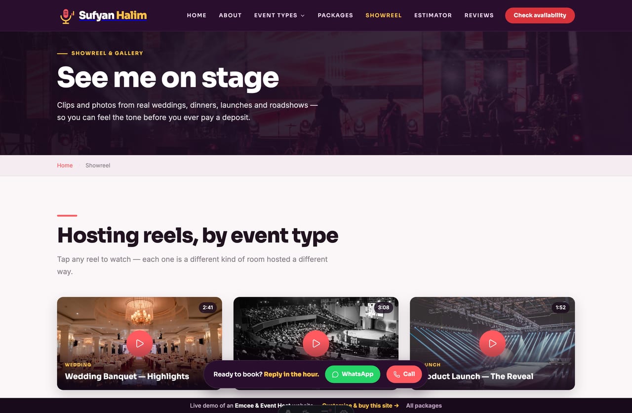 Showreel and gallery page on an emcee website with video reels and event photos