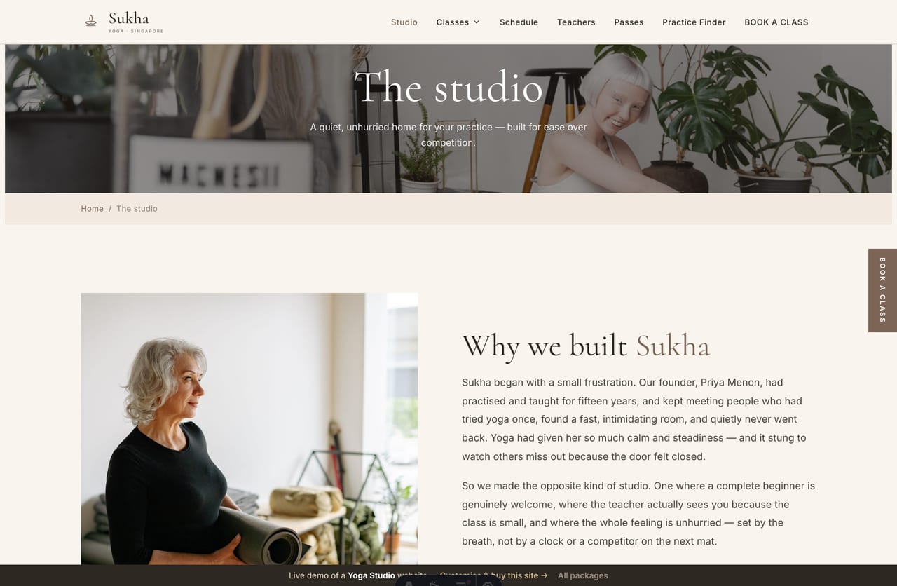 The About page for a Singapore yoga studio — founder story, a stats band and three studio locations