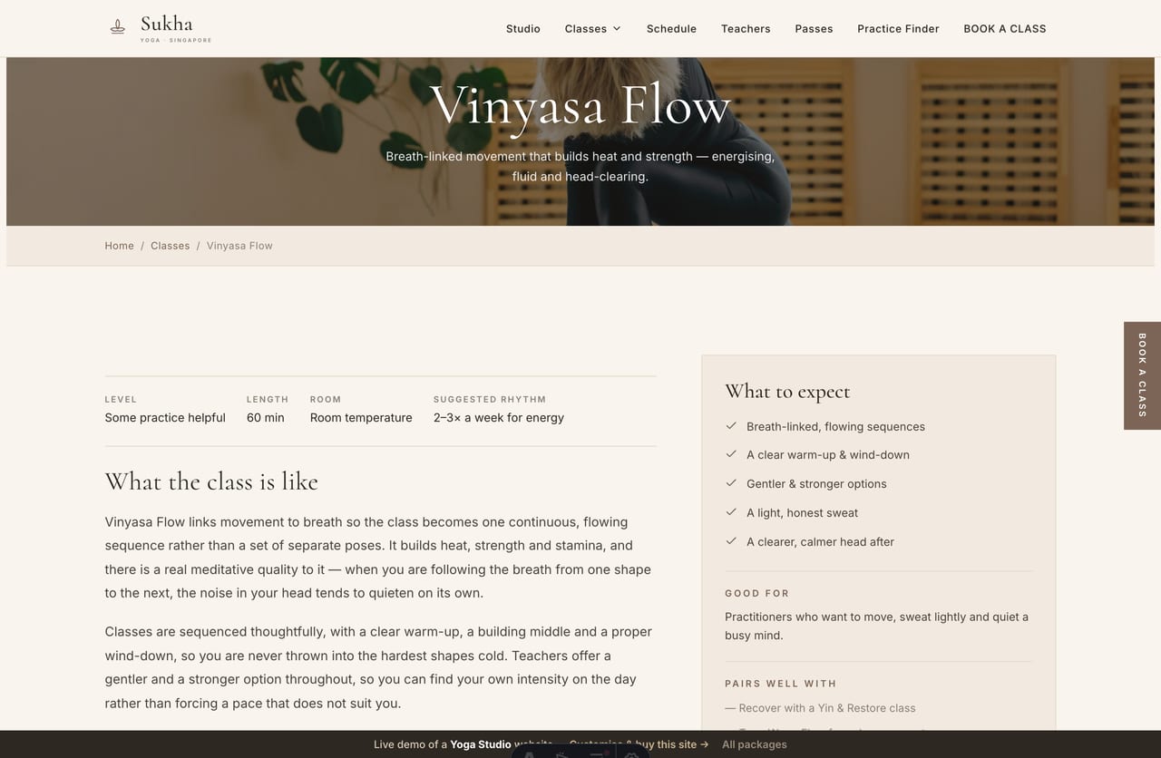 A class-style detail page on the Sukha demo — a dark-photo banner, a what-to-expect sidebar and an editorial article
